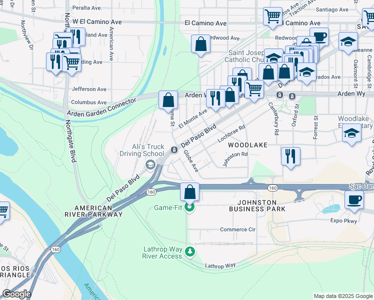 map of restaurants, bars, coffee shops, grocery stores, and more near 105 Globe Avenue in Sacramento