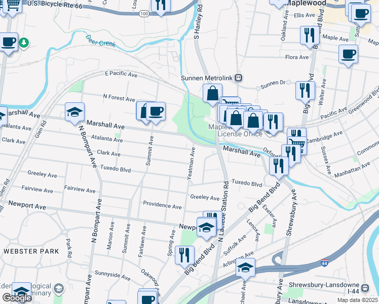 map of restaurants, bars, coffee shops, grocery stores, and more near 872 Atalanta Avenue in Webster Groves