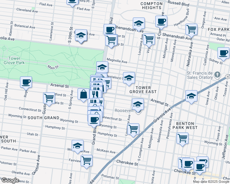 map of restaurants, bars, coffee shops, grocery stores, and more near 3501 Arsenal Street in St. Louis