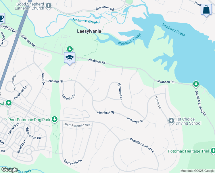 map of restaurants, bars, coffee shops, grocery stores, and more near 16130 Olmstead Lane in Woodbridge