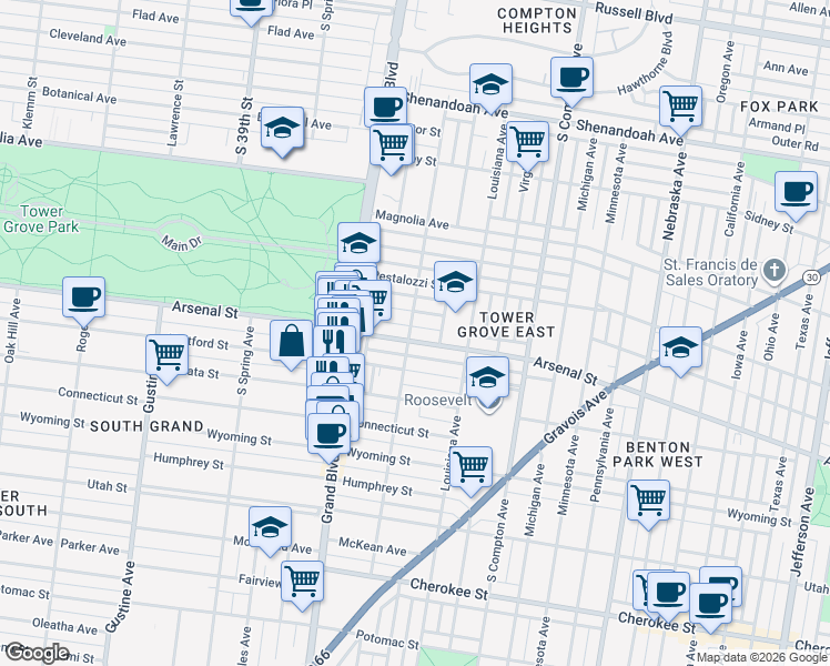 map of restaurants, bars, coffee shops, grocery stores, and more near 3501 Arsenal Street in St. Louis