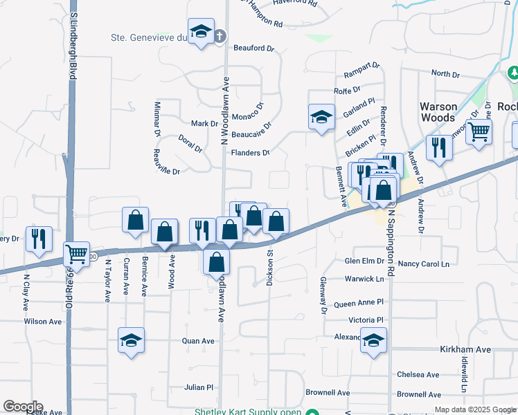 map of restaurants, bars, coffee shops, grocery stores, and more near 1152 Ascot Lane in Kirkwood