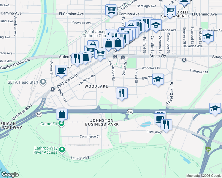 map of restaurants, bars, coffee shops, grocery stores, and more near 380 Southgate Road in Sacramento