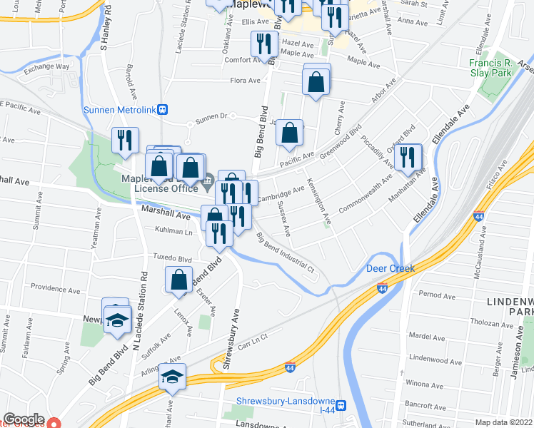 map of restaurants, bars, coffee shops, grocery stores, and more near 3717 Oxford Avenue in Maplewood