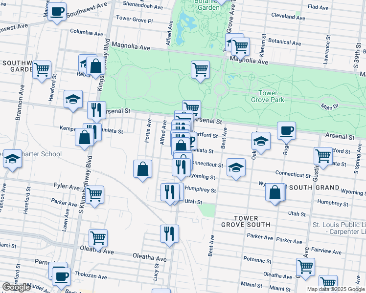 map of restaurants, bars, coffee shops, grocery stores, and more near 4273 Juniata Street in St. Louis
