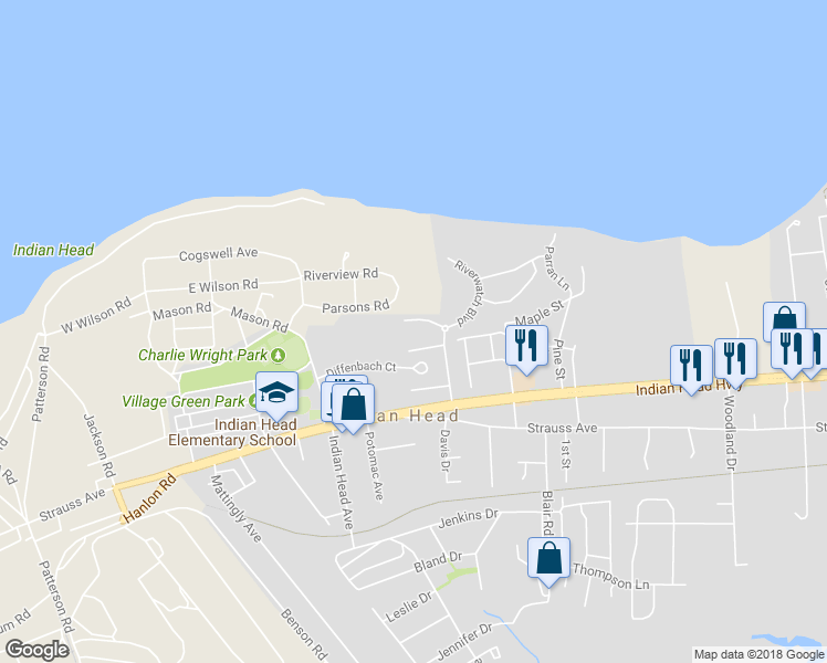 map of restaurants, bars, coffee shops, grocery stores, and more near 33 Fairhill Lane in Indian Head