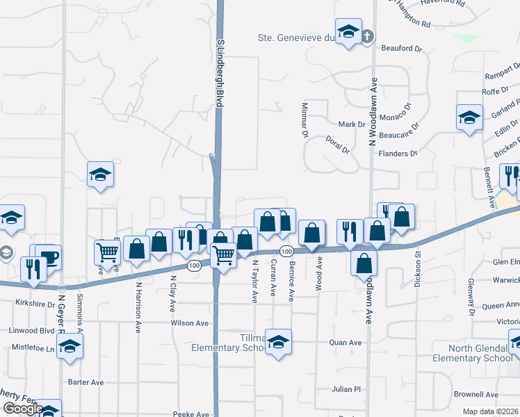 map of restaurants, bars, coffee shops, grocery stores, and more near 205 Huntleigh Drive in Kirkwood