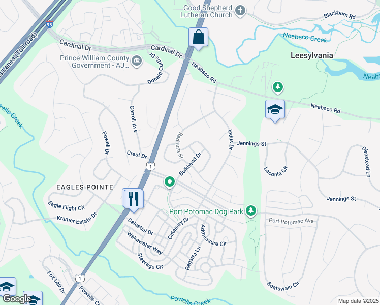 map of restaurants, bars, coffee shops, grocery stores, and more near 16208 Cutter Way in Woodbridge