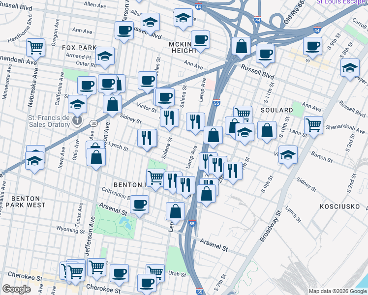 map of restaurants, bars, coffee shops, grocery stores, and more near 1905 Senate Street in St. Louis
