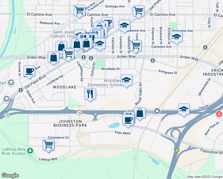 map of restaurants, bars, coffee shops, grocery stores, and more near 576 Southgate Road in Sacramento