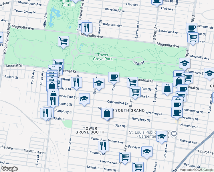 map of restaurants, bars, coffee shops, grocery stores, and more near 4024 Hartford Street in St. Louis