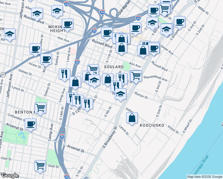 map of restaurants, bars, coffee shops, grocery stores, and more near 2419 South 10th Street in St. Louis