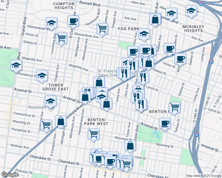 map of restaurants, bars, coffee shops, grocery stores, and more near Gravois Avenue & California Avenue in St. Louis