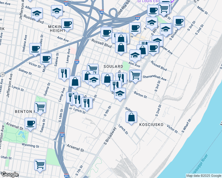 map of restaurants, bars, coffee shops, grocery stores, and more near 2415 South 10th Street in St. Louis