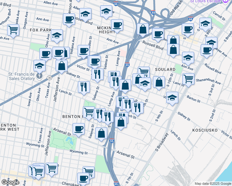 map of restaurants, bars, coffee shops, grocery stores, and more near 1308 Sidney Street in St. Louis