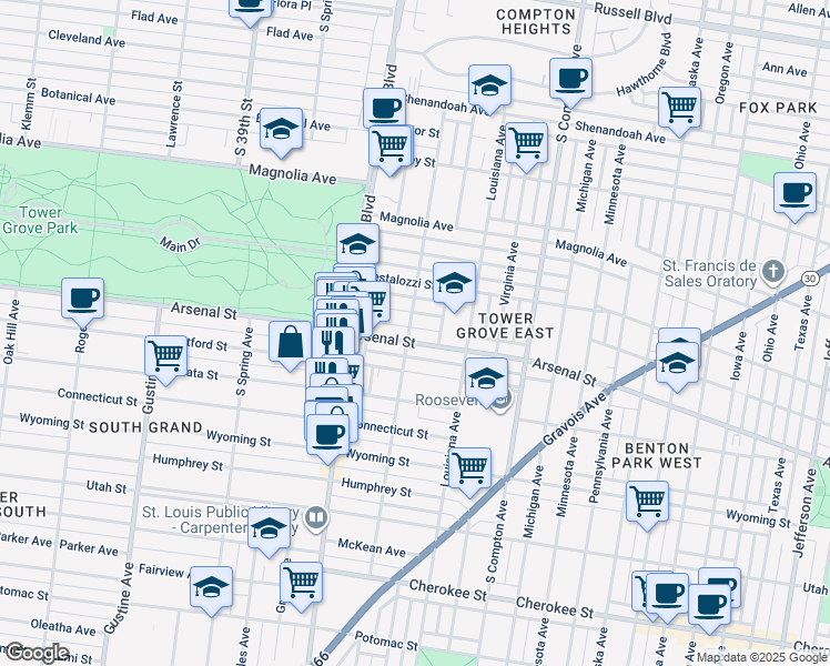 map of restaurants, bars, coffee shops, grocery stores, and more near 3501 Arsenal Street in St. Louis