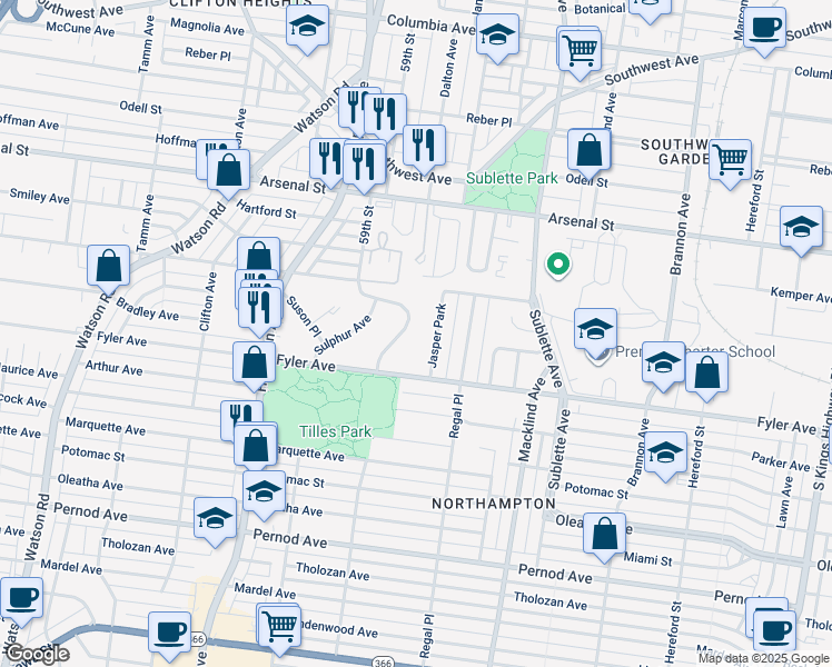 map of restaurants, bars, coffee shops, grocery stores, and more near 3268 January Avenue in St. Louis