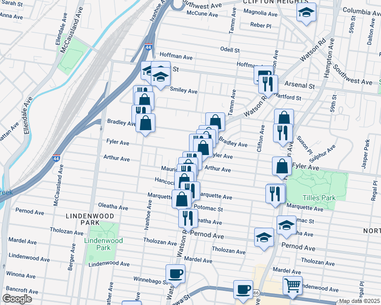 map of restaurants, bars, coffee shops, grocery stores, and more near 6524 Fyler Ave in St Louis