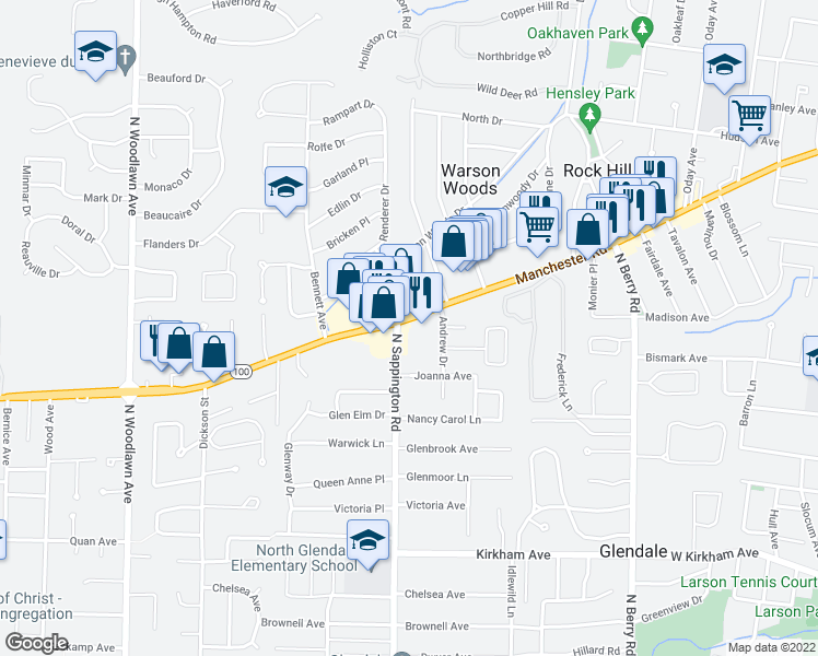 map of restaurants, bars, coffee shops, grocery stores, and more near 10018 Manchester Road in St. Louis