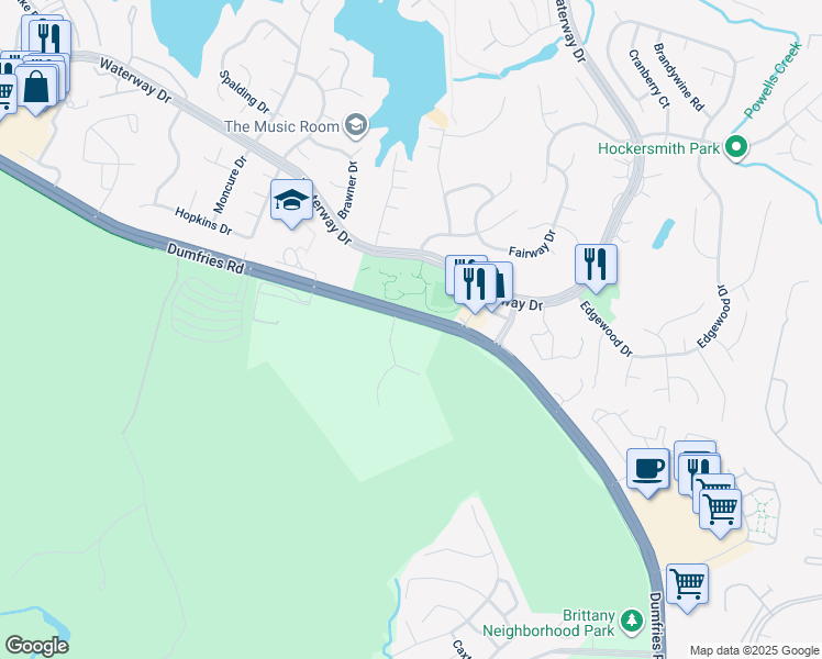 map of restaurants, bars, coffee shops, grocery stores, and more near 16204 Dumfries Road in Dumfries