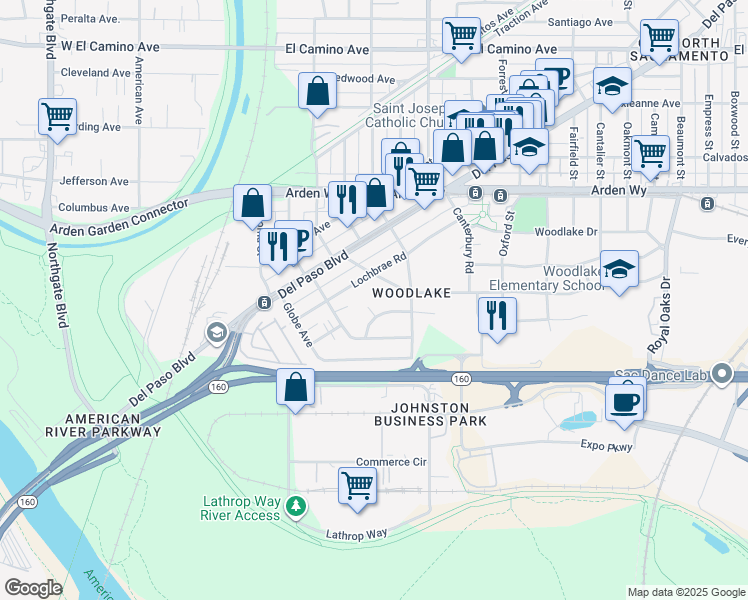 map of restaurants, bars, coffee shops, grocery stores, and more near 193 Johnston Road in Sacramento