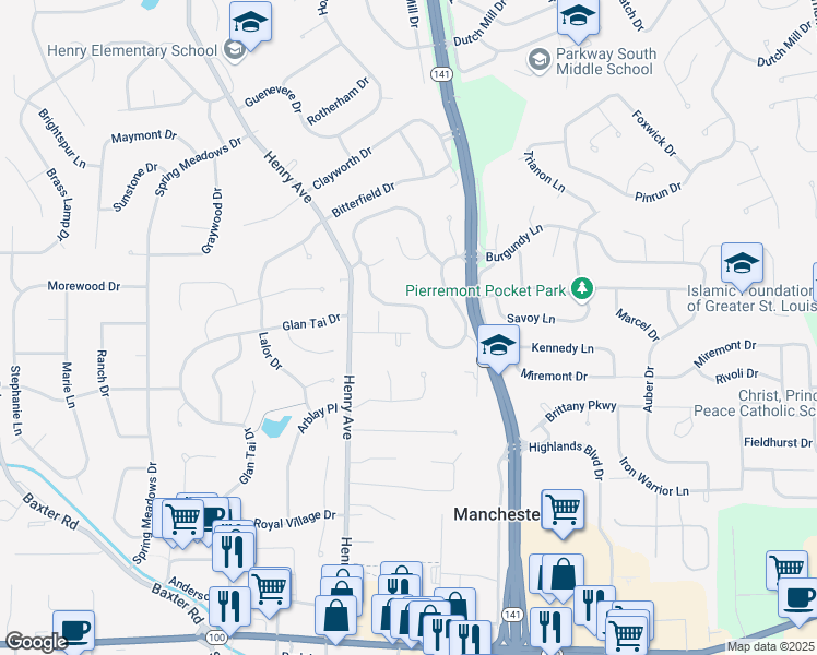 map of restaurants, bars, coffee shops, grocery stores, and more near 711 Valley View Drive in Ballwin