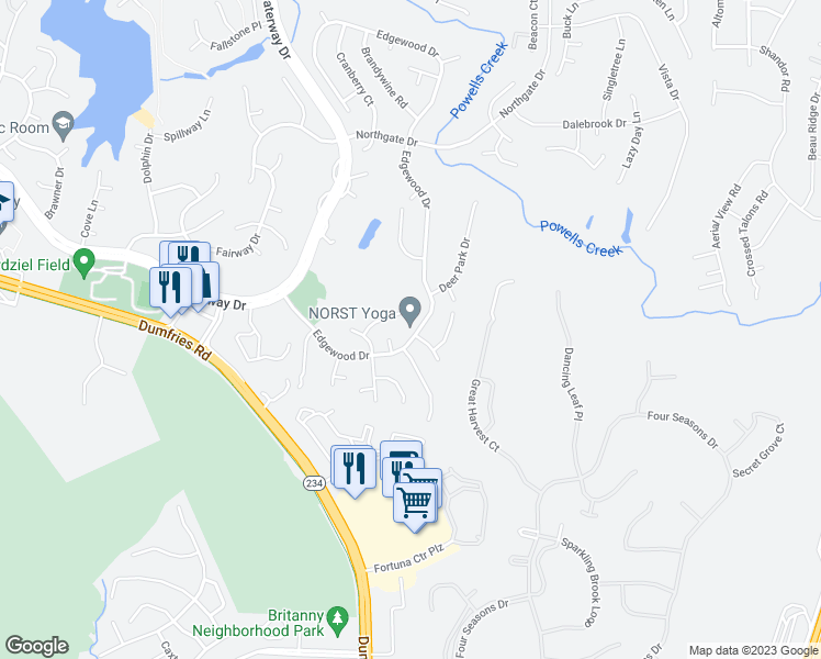 map of restaurants, bars, coffee shops, grocery stores, and more near 16108 Edgewood Drive in Dumfries