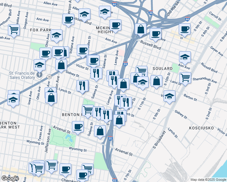 map of restaurants, bars, coffee shops, grocery stores, and more near 1905 Senate Street in St. Louis