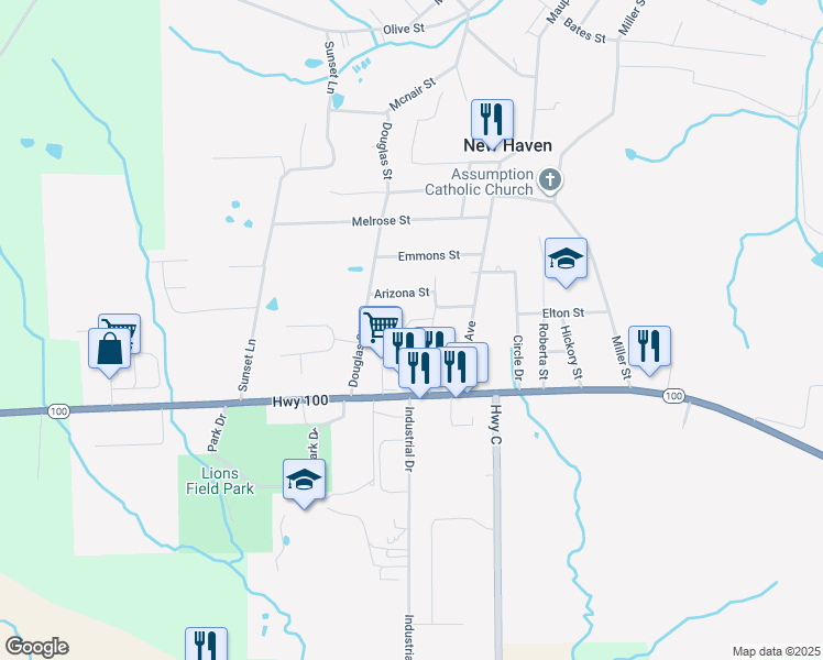 map of restaurants, bars, coffee shops, grocery stores, and more near 104 Ridgeway Drive in New Haven