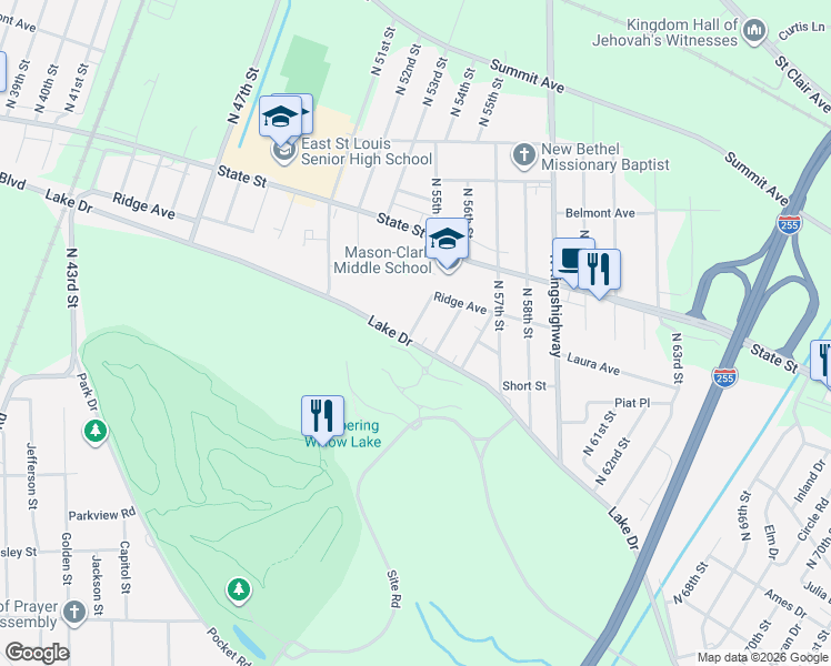 map of restaurants, bars, coffee shops, grocery stores, and more near 5507 Lake Drive in East St. Louis