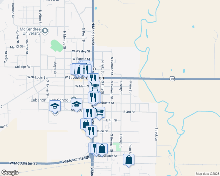 map of restaurants, bars, coffee shops, grocery stores, and more near 201 South Herman Street in Lebanon
