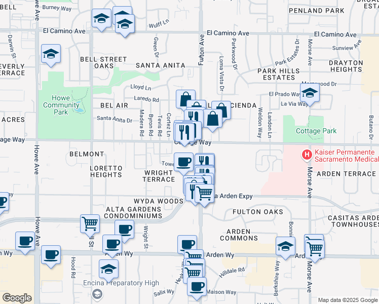 map of restaurants, bars, coffee shops, grocery stores, and more near 2554 Tesla Way in Sacramento