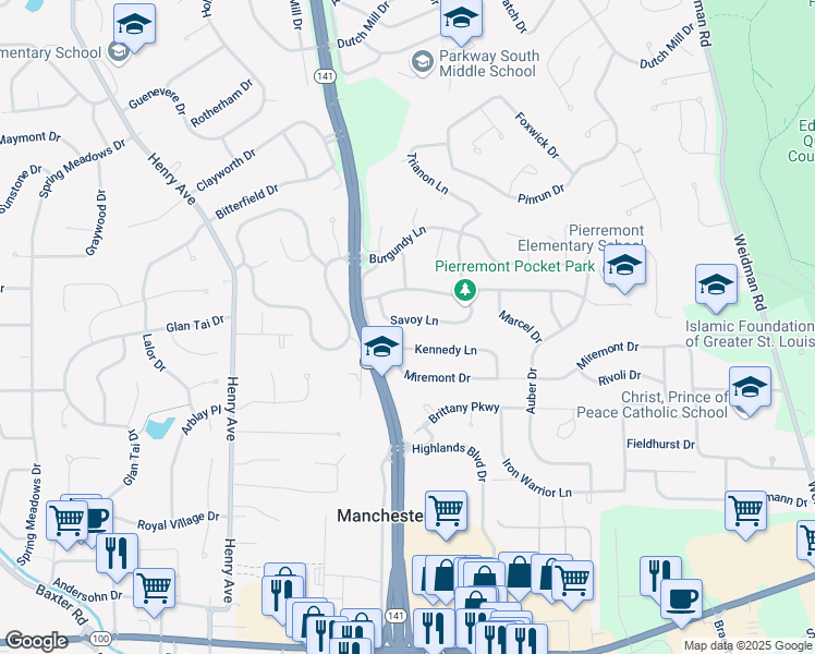 map of restaurants, bars, coffee shops, grocery stores, and more near 1004 Savoy Lane in Ballwin