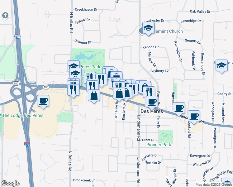 map of restaurants, bars, coffee shops, grocery stores, and more near 12101a Manchester Road in Des Peres
