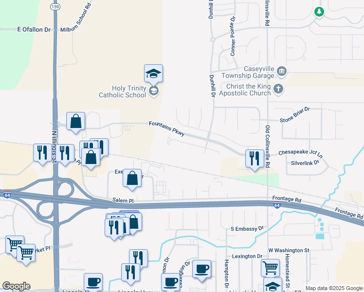 map of restaurants, bars, coffee shops, grocery stores, and more near 620 Ember Crest Drive in Fairview Heights