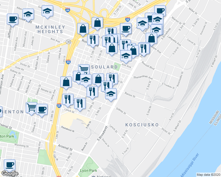 map of restaurants, bars, coffee shops, grocery stores, and more near 2400 South 9th Street in St. Louis