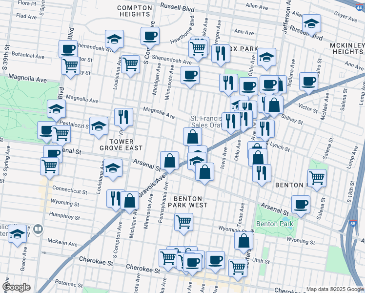 map of restaurants, bars, coffee shops, grocery stores, and more near 2911 Nebraska Avenue in St. Louis