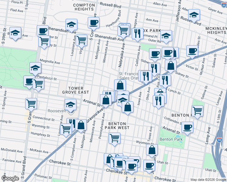 map of restaurants, bars, coffee shops, grocery stores, and more near 2911 Nebraska Avenue in St. Louis