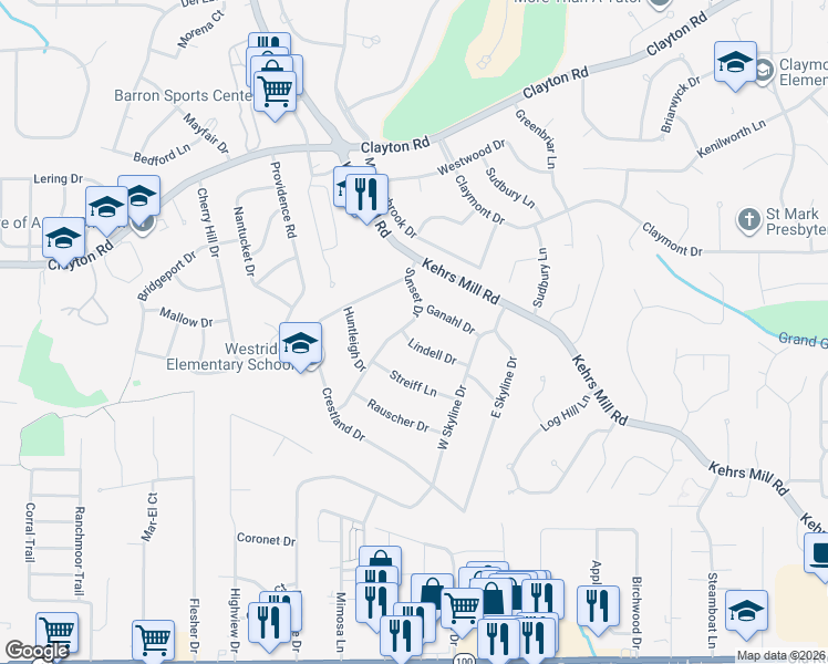 map of restaurants, bars, coffee shops, grocery stores, and more near 260 Sunset Drive in Ballwin