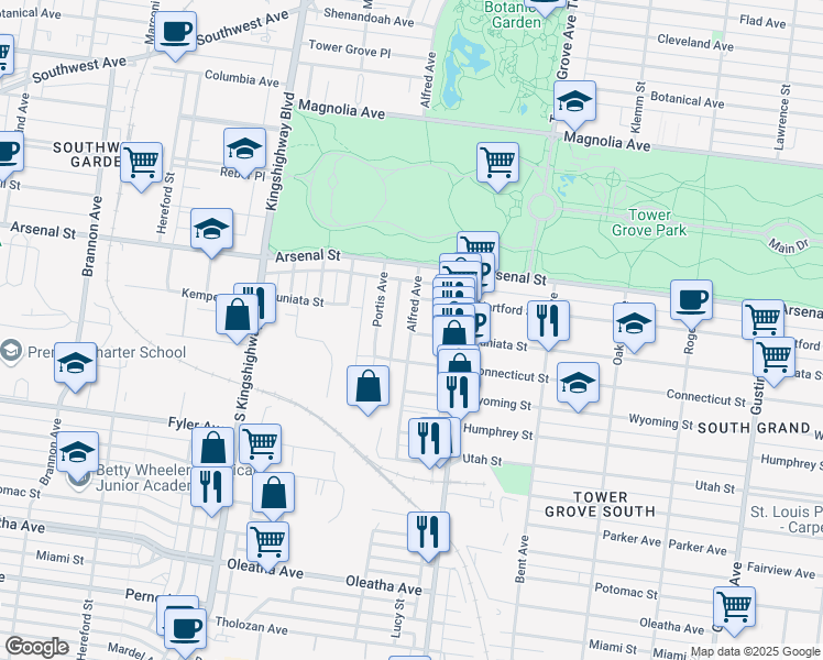 map of restaurants, bars, coffee shops, grocery stores, and more near 3166 Alfred Avenue in Saint Louis