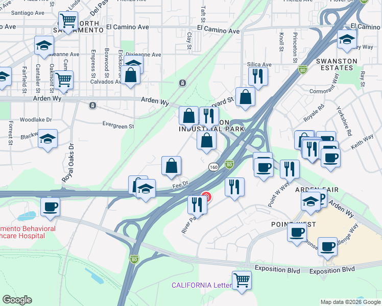 map of restaurants, bars, coffee shops, grocery stores, and more near 1235 Fee Dr in Sacramento