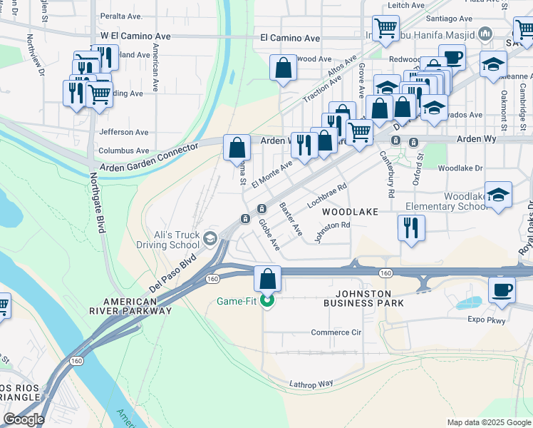 map of restaurants, bars, coffee shops, grocery stores, and more near 105 Globe Avenue in Sacramento