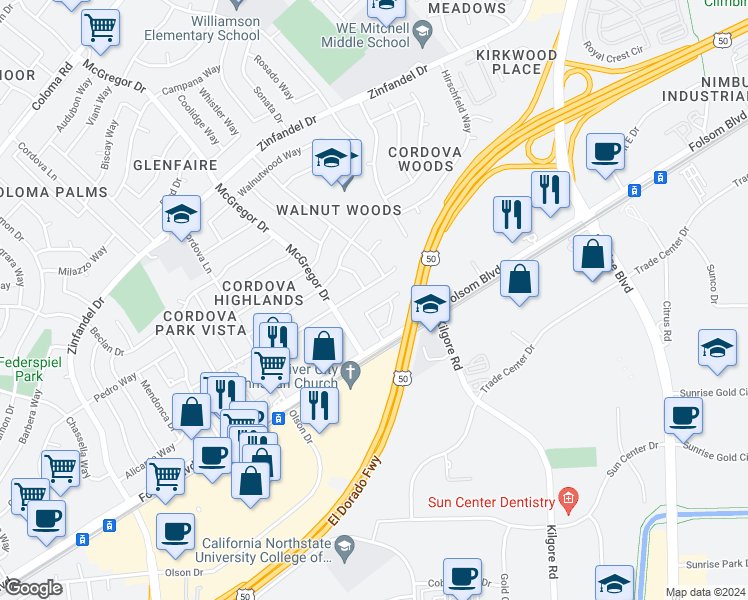 map of restaurants, bars, coffee shops, grocery stores, and more near 2628 Los Nogales Way in Rancho Cordova