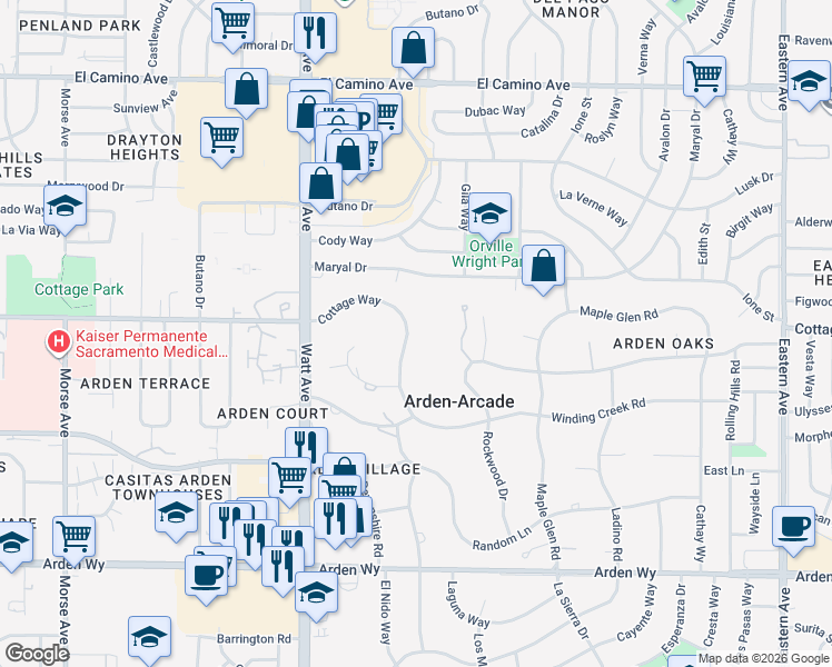 map of restaurants, bars, coffee shops, grocery stores, and more near 3631 Winding Creek Road in Sacramento
