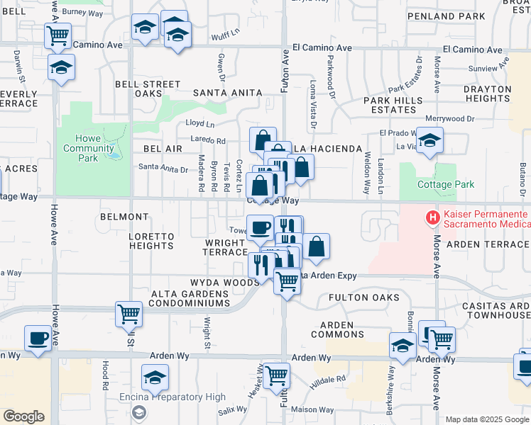 map of restaurants, bars, coffee shops, grocery stores, and more near 2554 Tesla Way in Sacramento