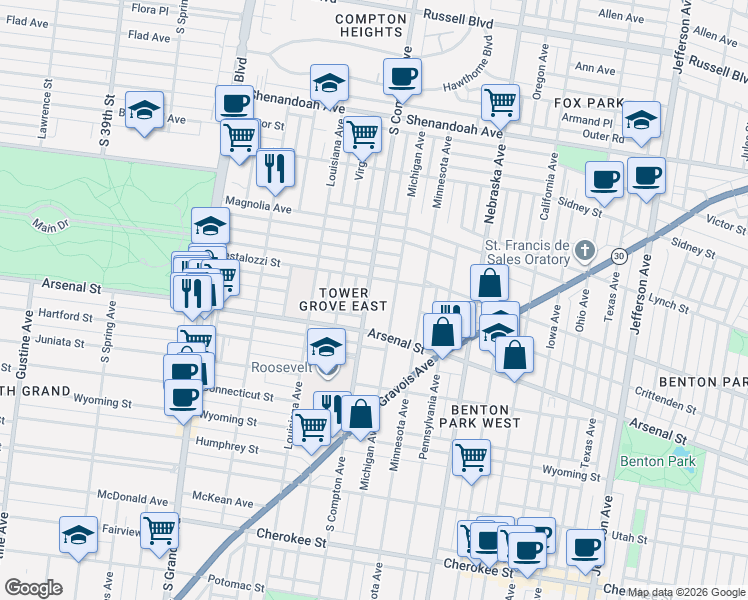 map of restaurants, bars, coffee shops, grocery stores, and more near 3011 South Compton Avenue in St. Louis