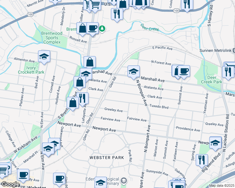 map of restaurants, bars, coffee shops, grocery stores, and more near 429 Tuxedo Boulevard in Webster Groves