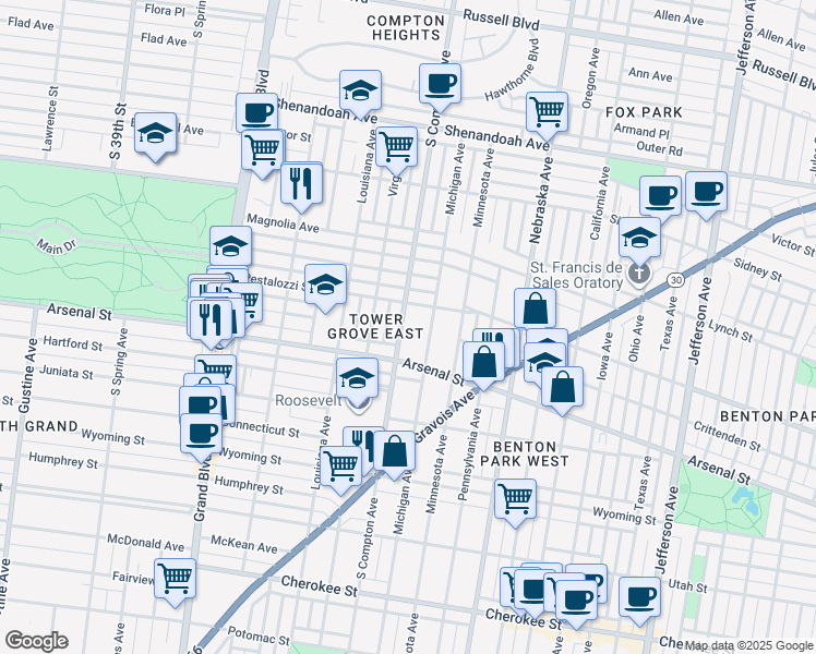 map of restaurants, bars, coffee shops, grocery stores, and more near 2922 South Compton Avenue in St. Louis