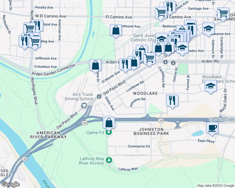 map of restaurants, bars, coffee shops, grocery stores, and more near 1025 Lochbrae Road in Sacramento