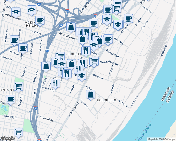 map of restaurants, bars, coffee shops, grocery stores, and more near 2400 South 9th Street in St. Louis
